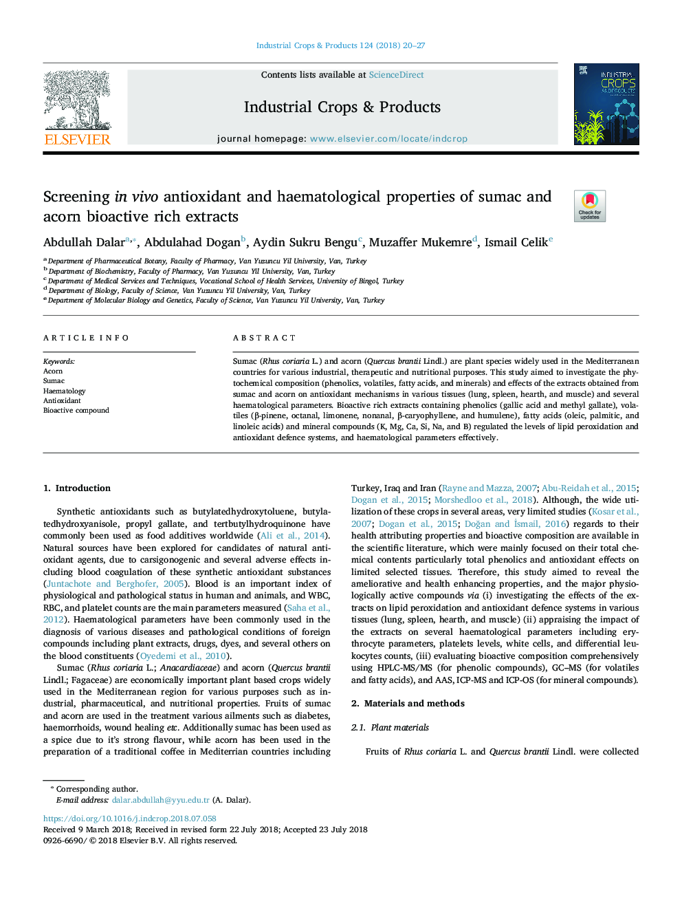 Screening in vivo antioxidant and haematological properties of sumac and acorn bioactive rich extracts