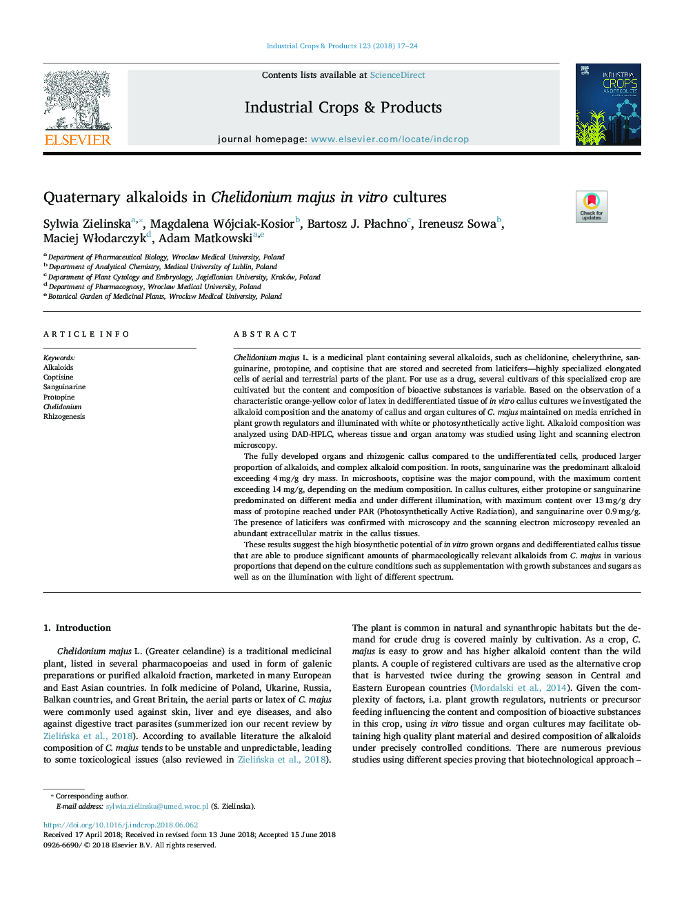 Quaternary alkaloids in Chelidonium majus in vitro cultures