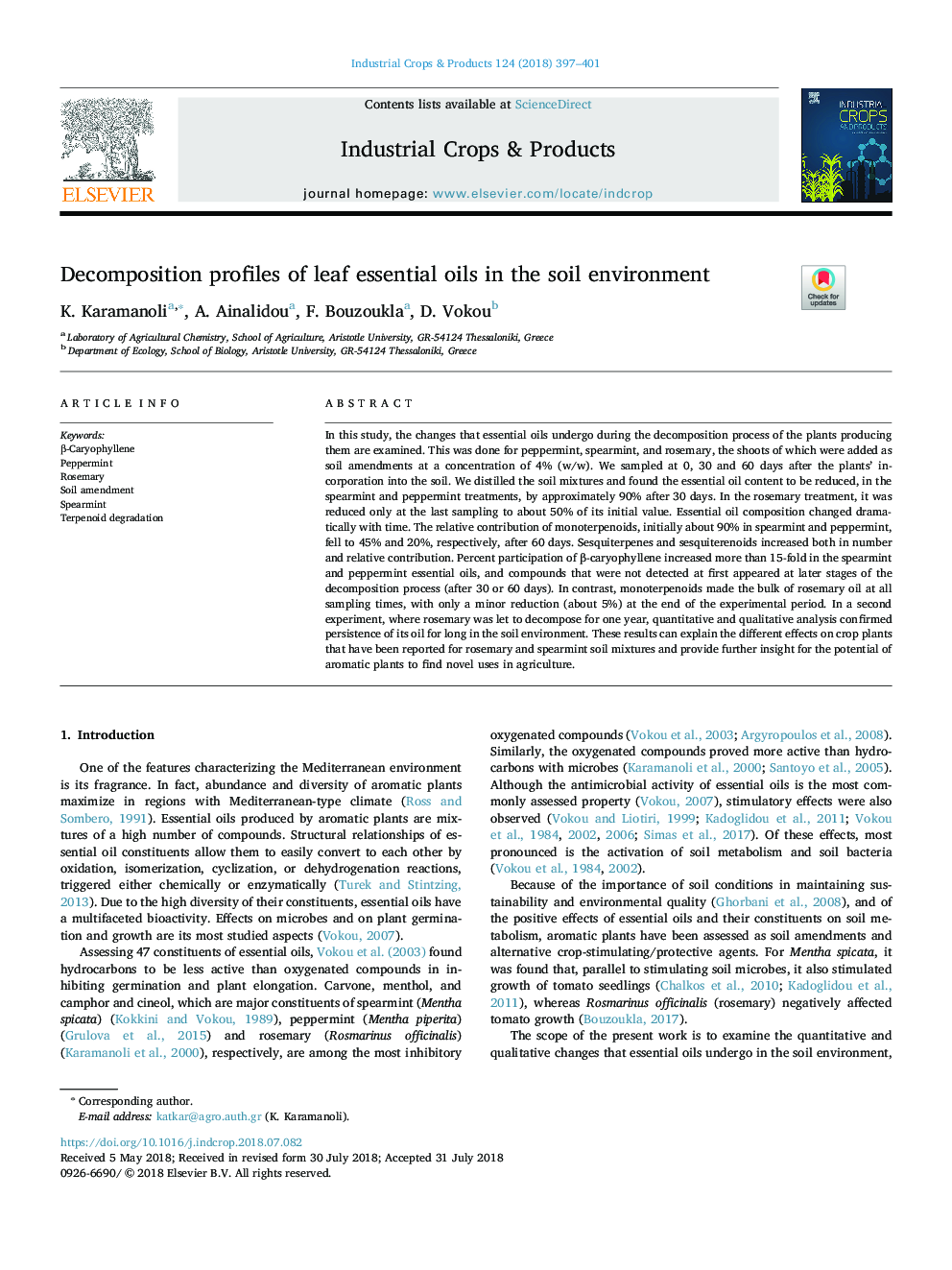 Decomposition profiles of leaf essential oils in the soil environment