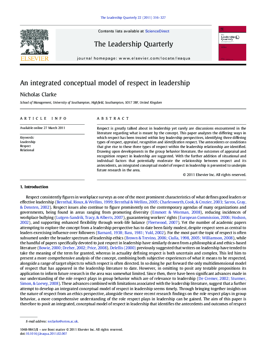 An integrated conceptual model of respect in leadership