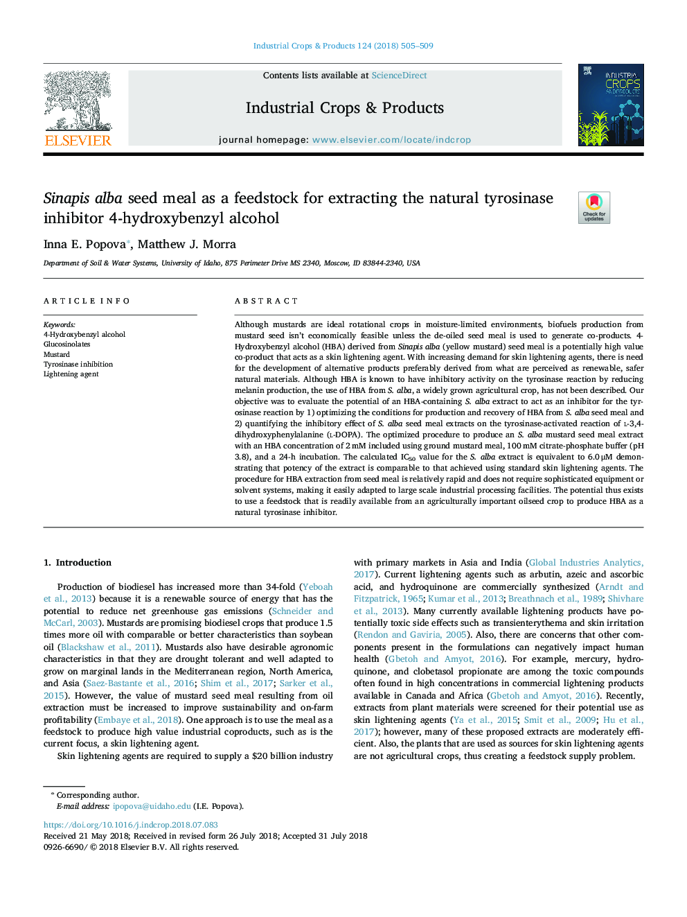 Sinapis alba seed meal as a feedstock for extracting the natural tyrosinase inhibitor 4-hydroxybenzyl alcohol