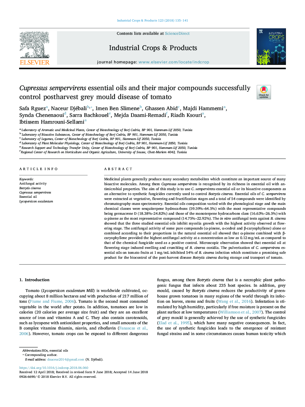 Cupressus sempervirens essential oils and their major compounds successfully control postharvest grey mould disease of tomato