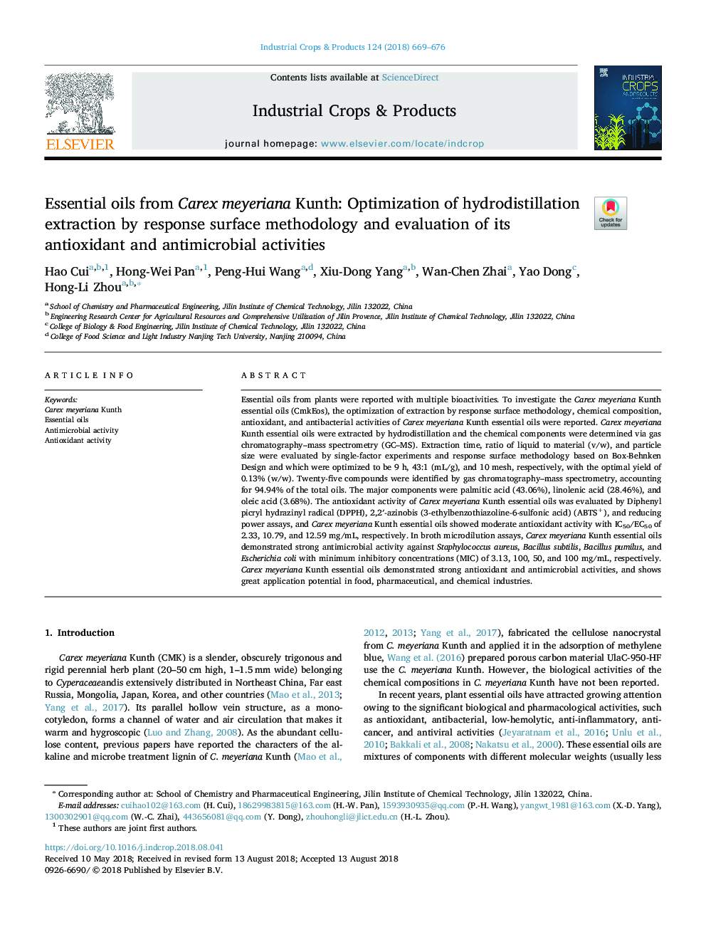 Essential oils from Carex meyeriana Kunth: Optimization of hydrodistillation extraction by response surface methodology and evaluation of its antioxidant and antimicrobial activities