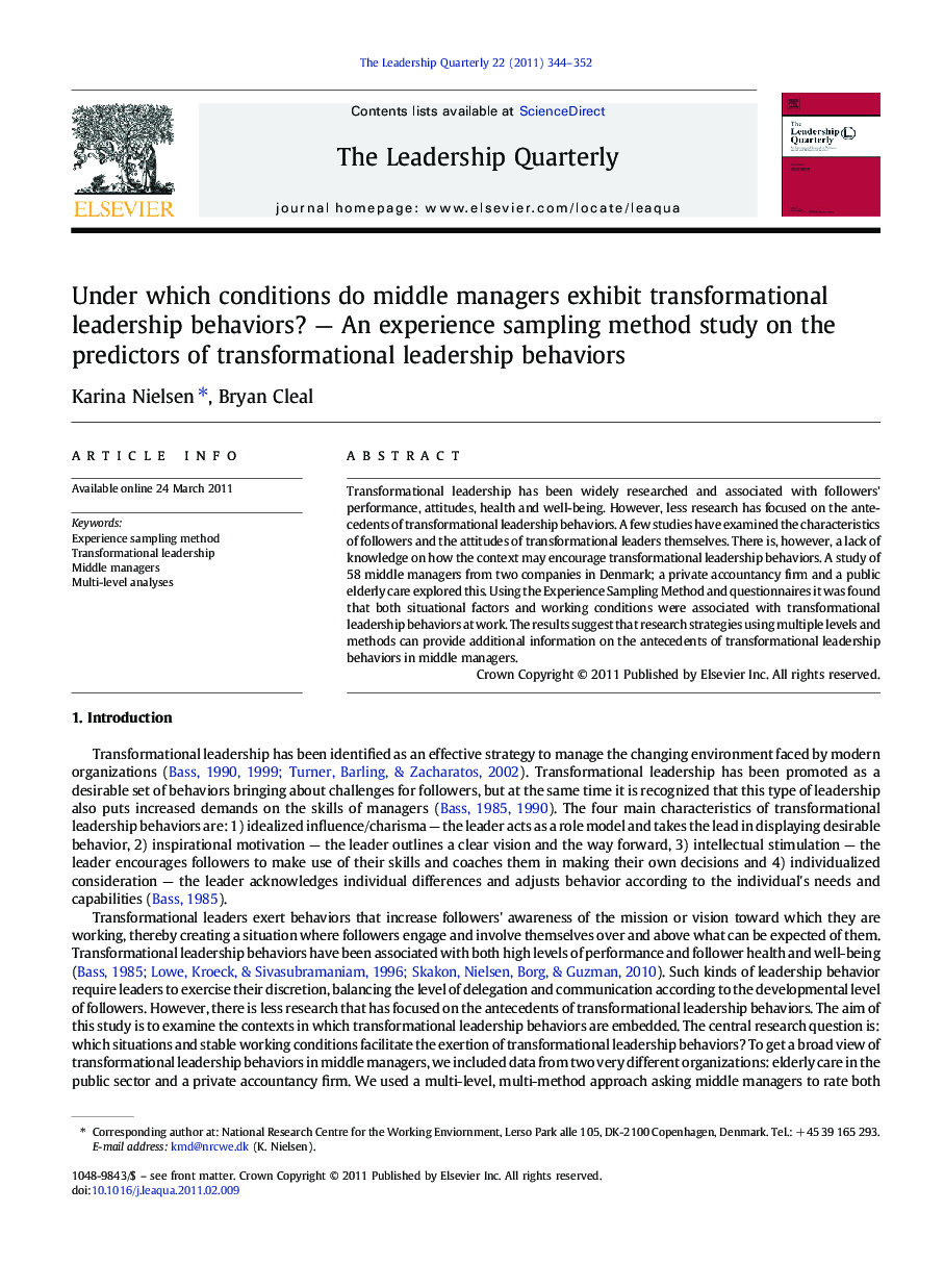 Under which conditions do middle managers exhibit transformational leadership behaviors? — An experience sampling method study on the predictors of transformational leadership behaviors