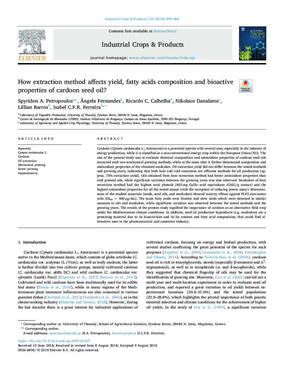 How extraction method affects yield, fatty acids composition and bioactive properties of cardoon seed oil?