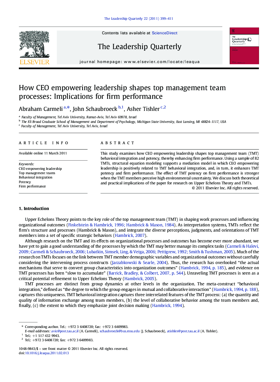 How CEO empowering leadership shapes top management team processes: Implications for firm performance