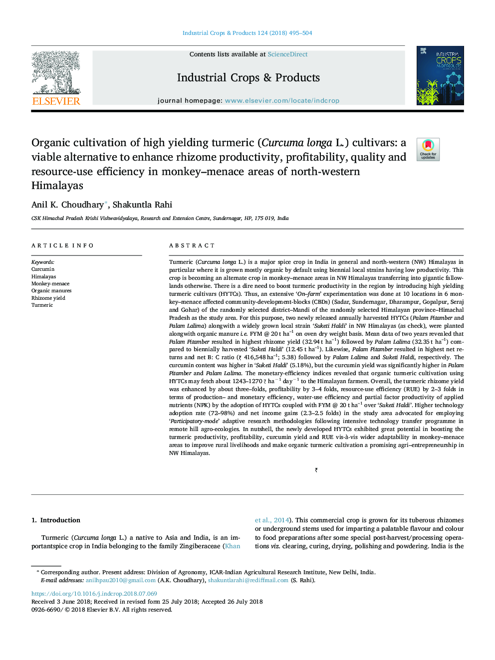 Organic cultivation of high yielding turmeric (Curcuma longa L.) cultivars: a viable alternative to enhance rhizome productivity, profitability, quality and resource-use efficiency in monkey-menace areas of north-western Himalayas