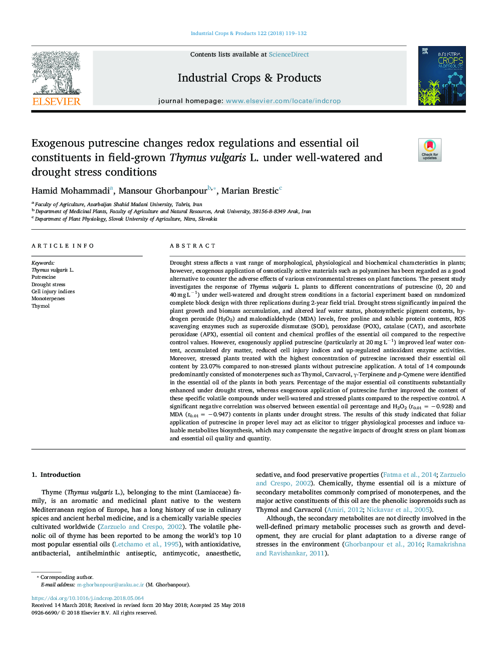 Exogenous putrescine changes redox regulations and essential oil constituents in field-grown Thymus vulgaris L. under well-watered and drought stress conditions