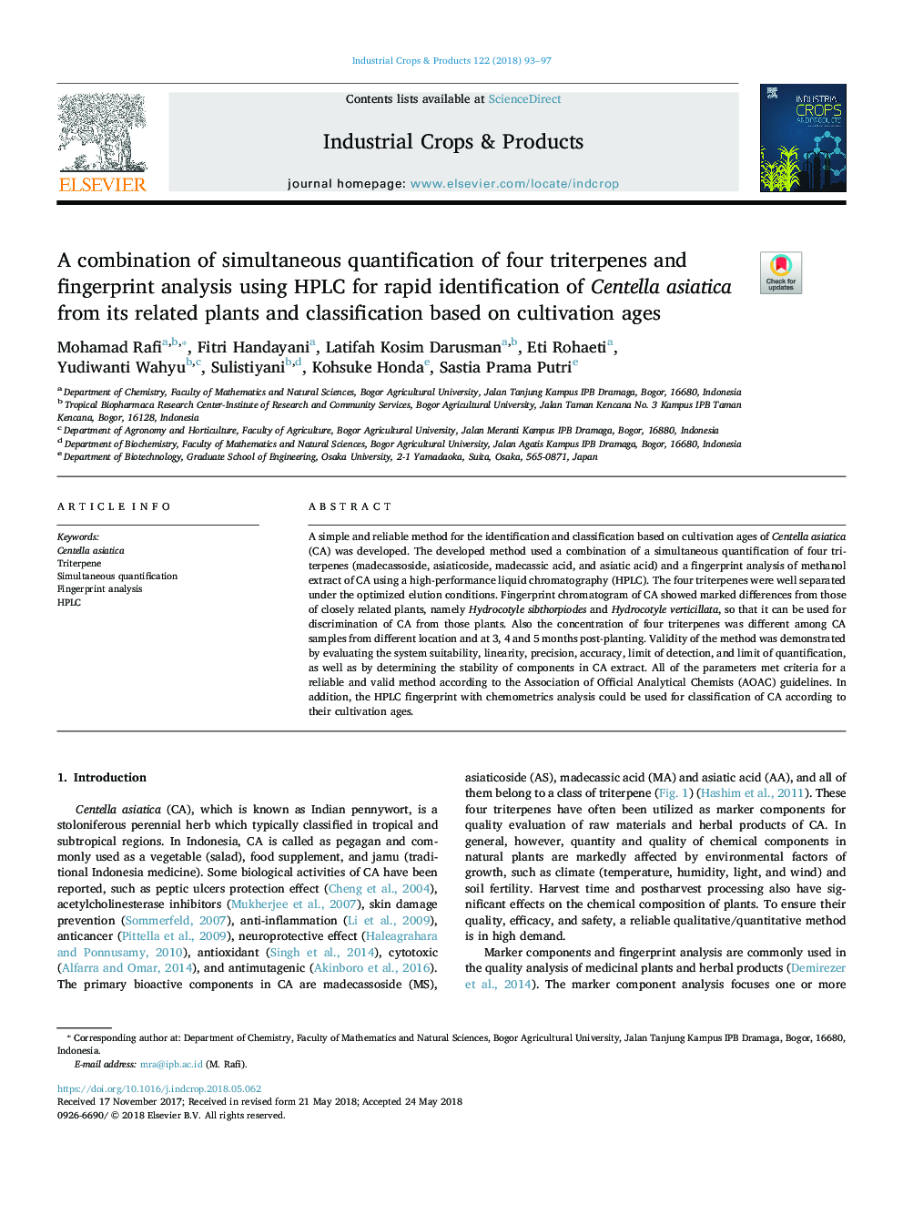 A combination of simultaneous quantification of four triterpenes and fingerprint analysis using HPLC for rapid identification of Centella asiatica from its related plants and classification based on cultivation ages