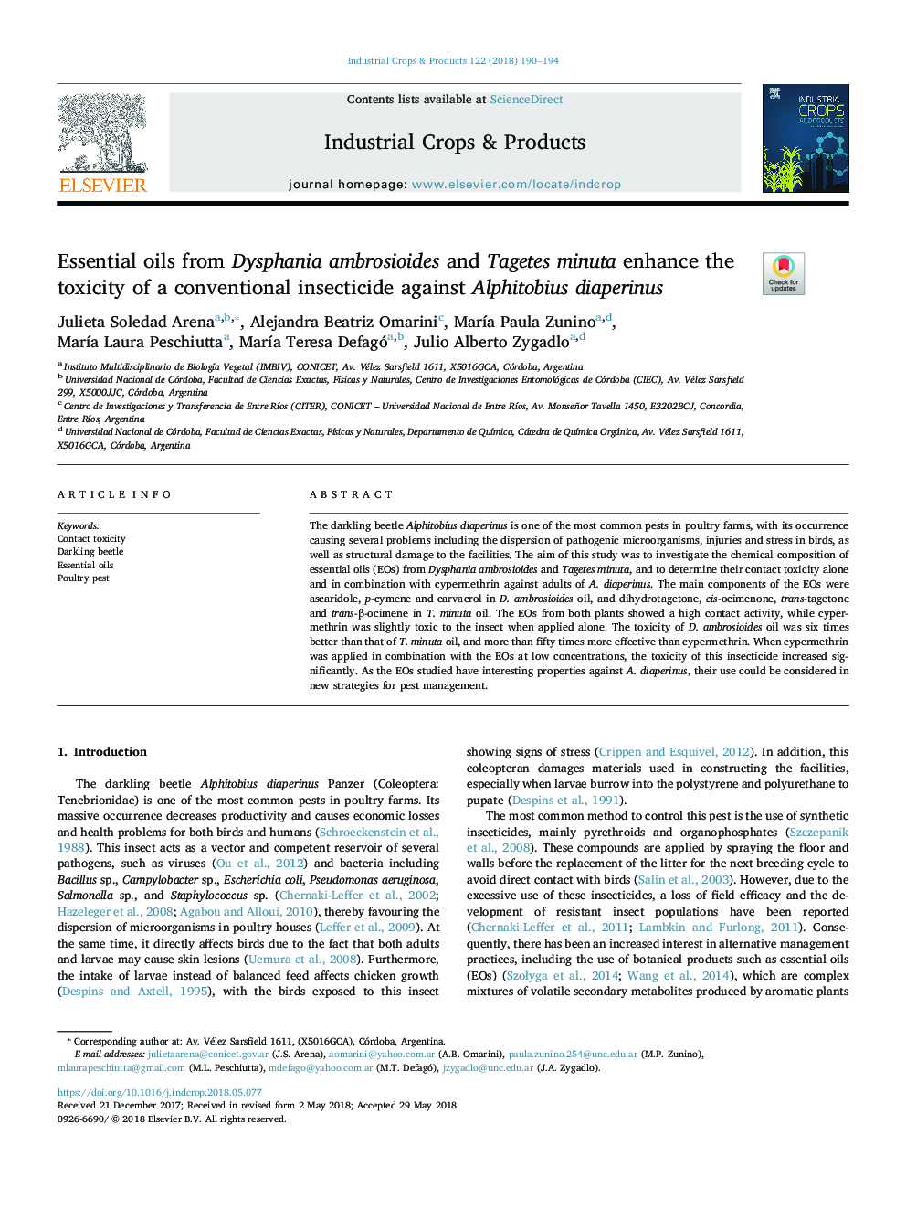 Essential oils from Dysphania ambrosioides and Tagetes minuta enhance the toxicity of a conventional insecticide against Alphitobius diaperinus