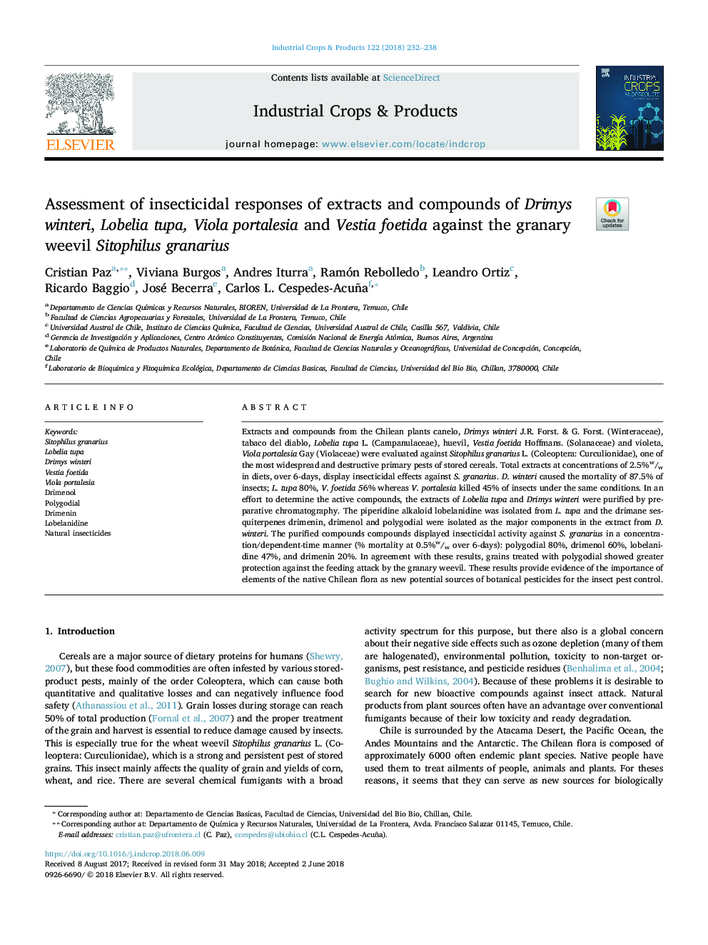 Assessment of insecticidal responses of extracts and compounds of Drimys winteri, Lobelia tupa, Viola portalesia and Vestia foetida against the granary weevil Sitophilus granarius