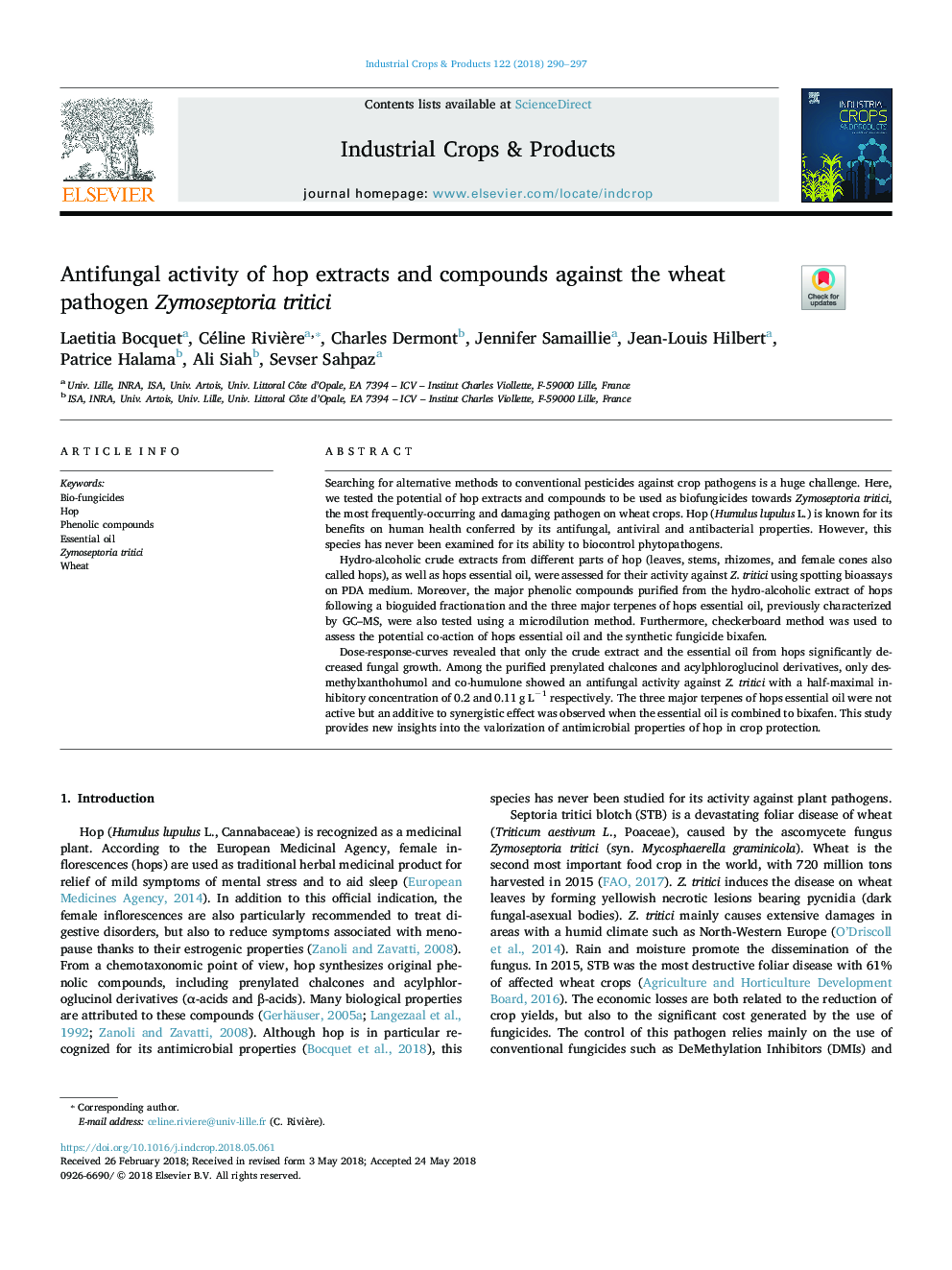 Antifungal activity of hop extracts and compounds against the wheat pathogen Zymoseptoria tritici