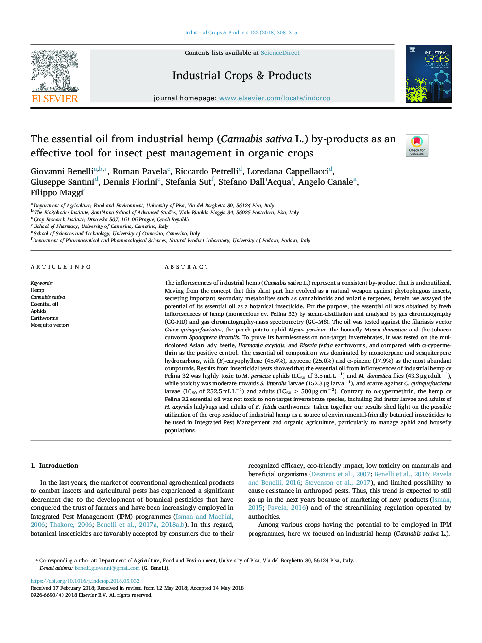 The essential oil from industrial hemp (Cannabis sativa L.) by-products as an effective tool for insect pest management in organic crops