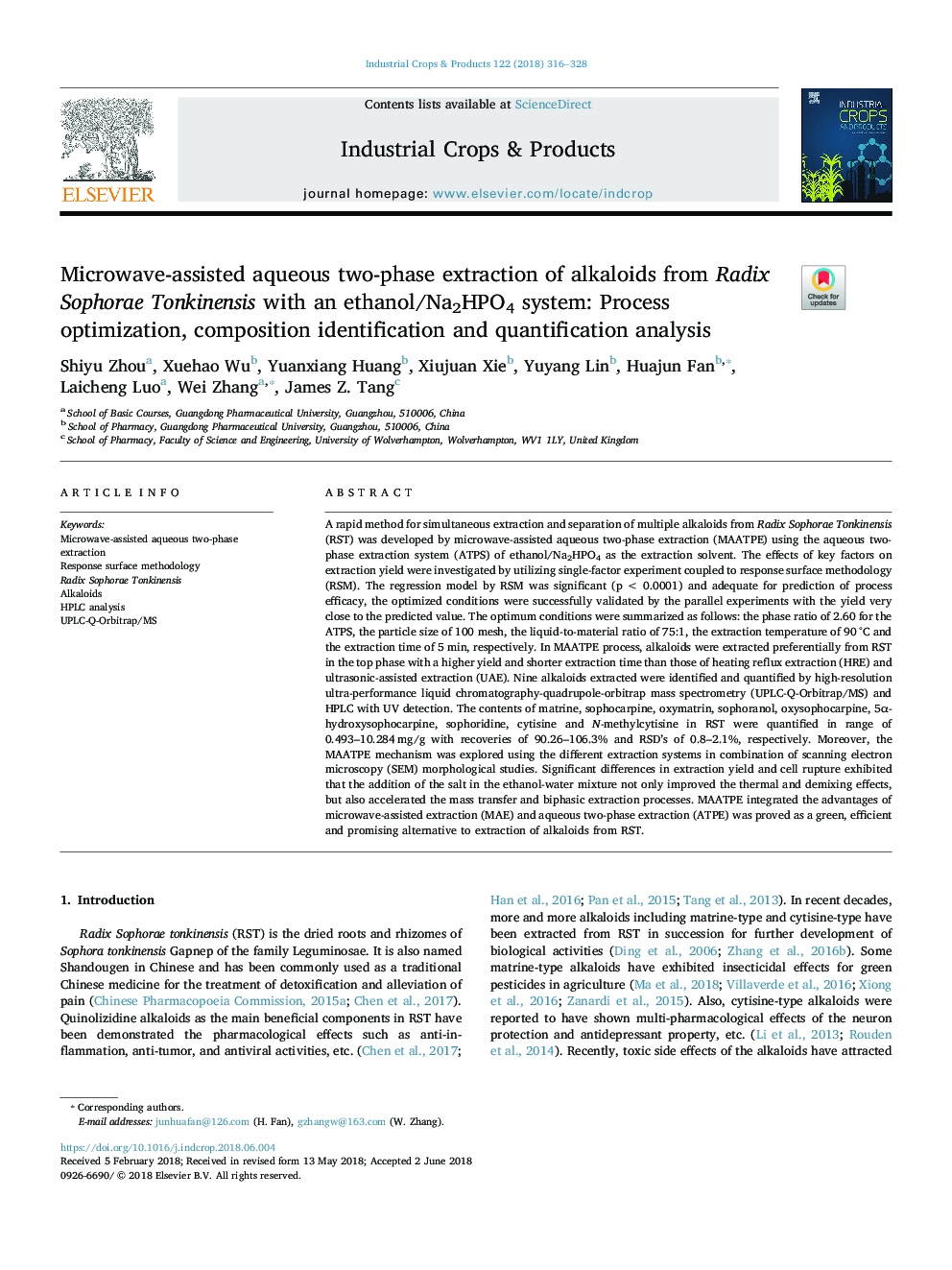 Microwave-assisted aqueous two-phase extraction of alkaloids from Radix Sophorae Tonkinensis with an ethanol/Na2HPO4 system: Process optimization, composition identification and quantification analysis