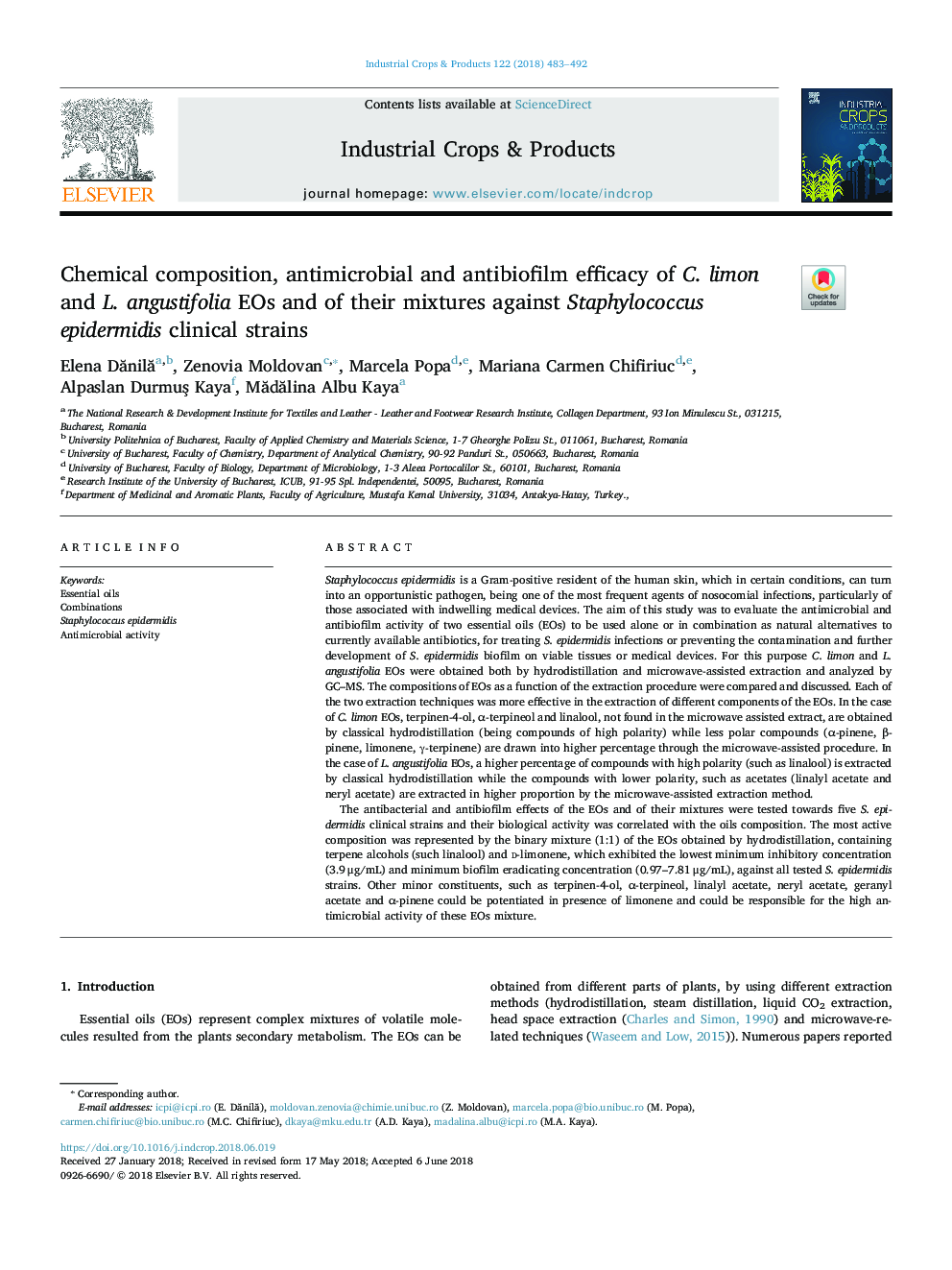 Chemical composition, antimicrobial and antibiofilm efficacy of C. limon and L. angustifolia EOs and of their mixtures against Staphylococcus epidermidis clinical strains