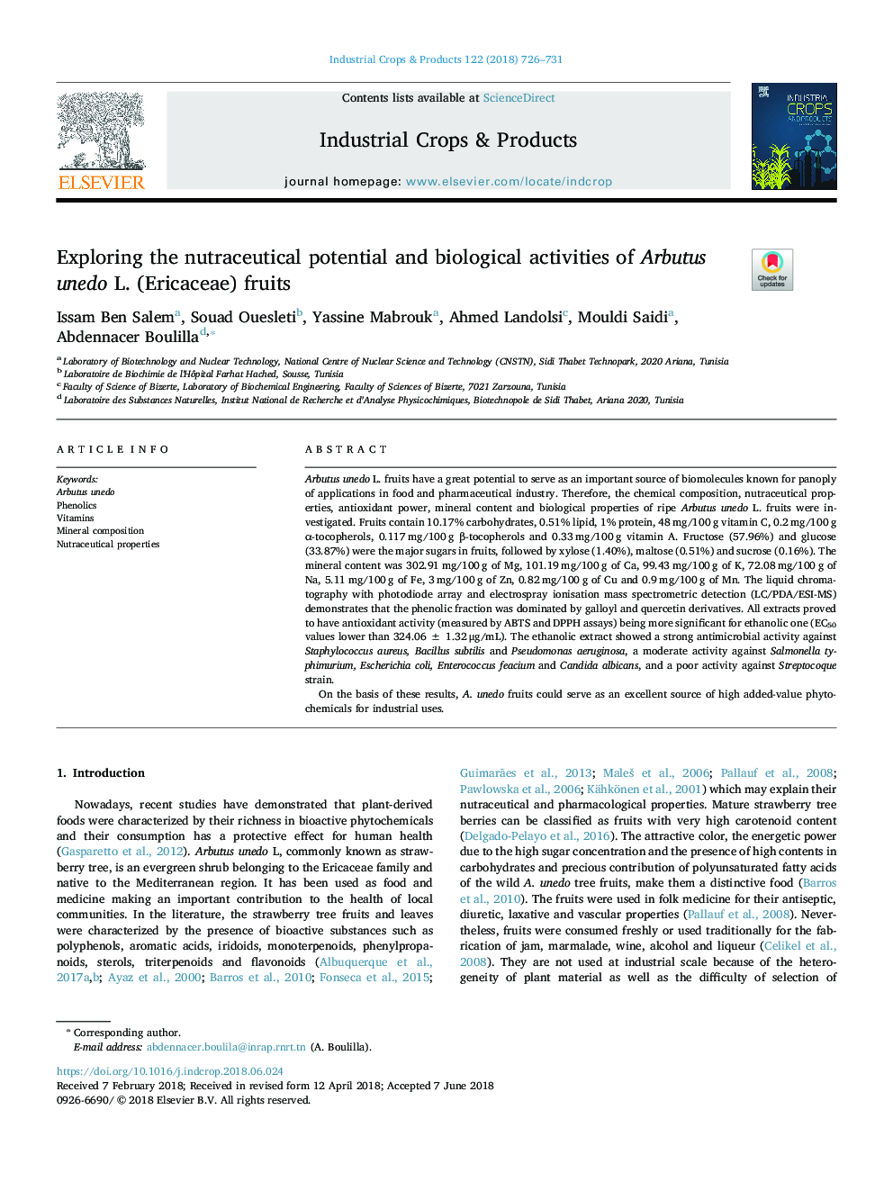 Exploring the nutraceutical potential and biological activities of Arbutus unedo L. (Ericaceae) fruits