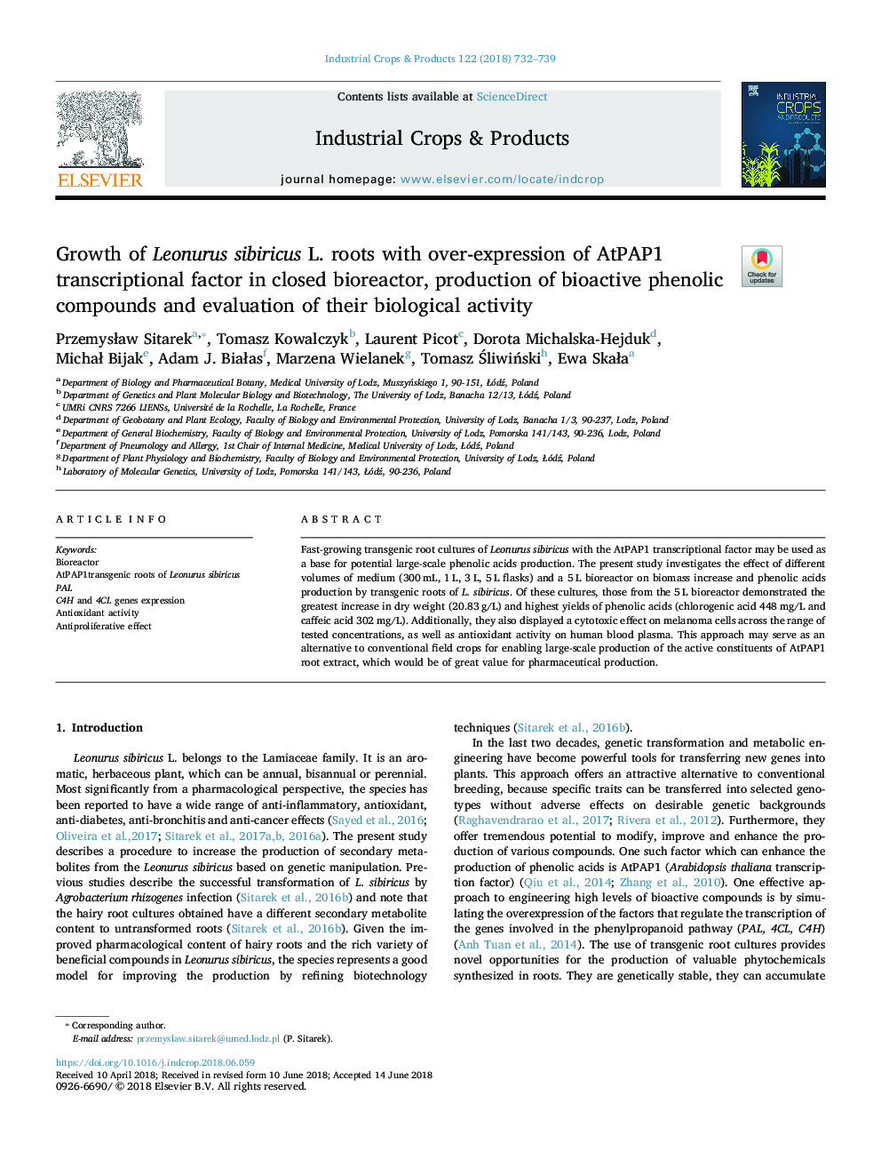 Growth of Leonurus sibiricus L. roots with over-expression of AtPAP1 transcriptional factor in closed bioreactor, production of bioactive phenolic compounds and evaluation of their biological activity