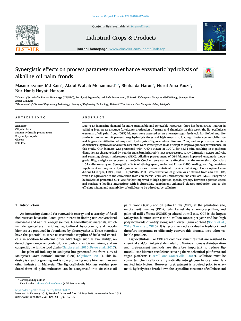 Synergistic effects on process parameters to enhance enzymatic hydrolysis of alkaline oil palm fronds