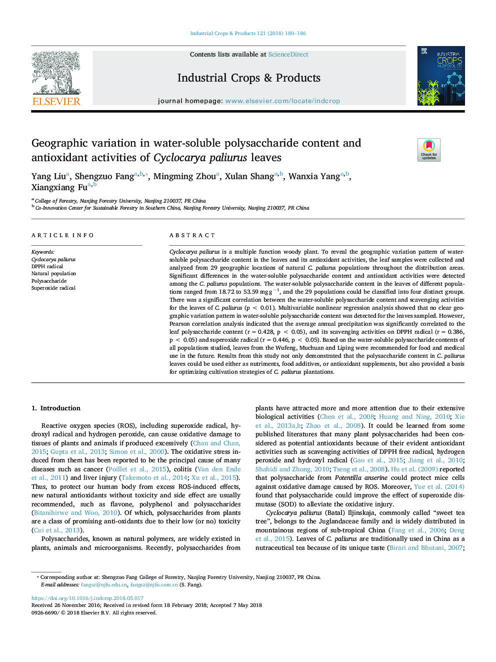 Geographic variation in water-soluble polysaccharide content and antioxidant activities of Cyclocarya paliurus leaves