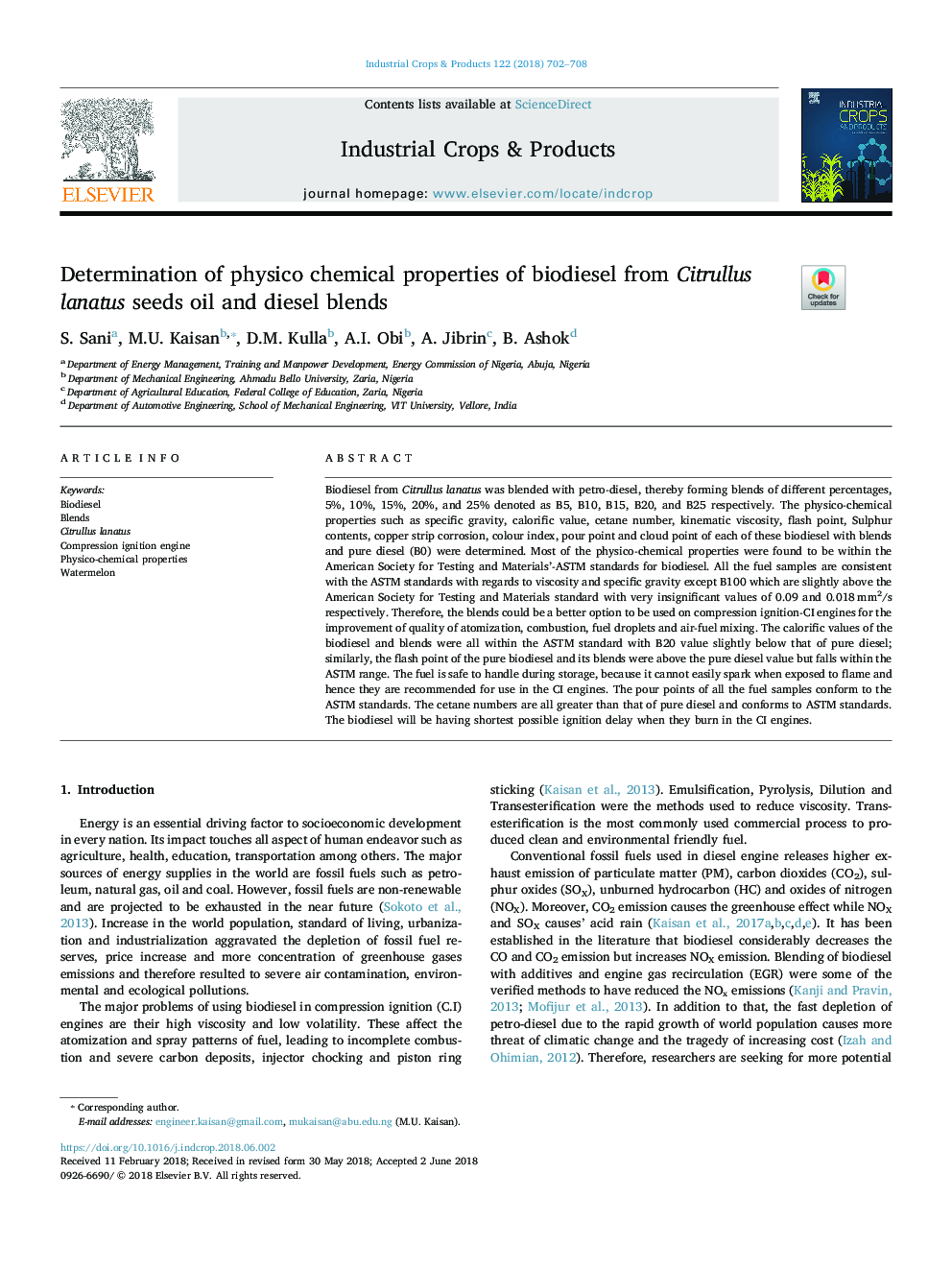 Determination of physico chemical properties of biodiesel from Citrullus lanatus seeds oil and diesel blends