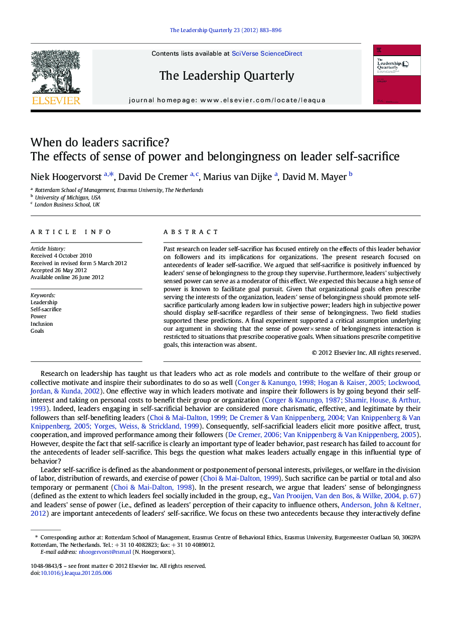 When do leaders sacrifice?: The effects of sense of power and belongingness on leader self-sacrifice