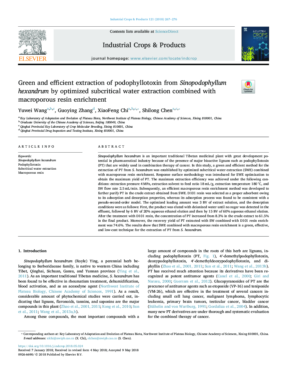 Green and efficient extraction of podophyllotoxin from Sinopodophyllum hexandrum by optimized subcritical water extraction combined with macroporous resin enrichment