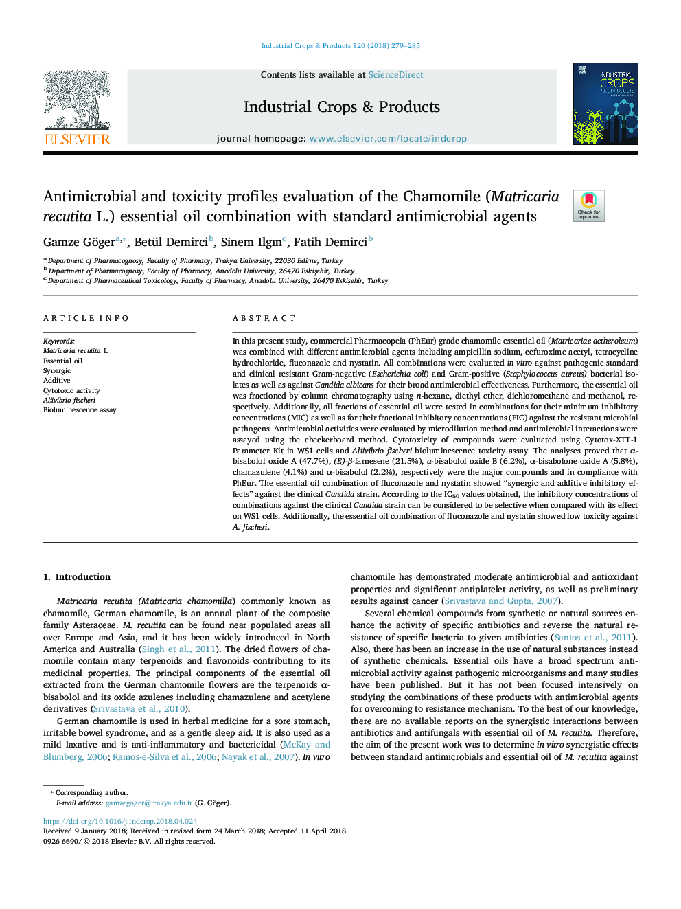 Antimicrobial and toxicity profiles evaluation of the Chamomile (Matricaria recutita L.) essential oil combination with standard antimicrobial agents