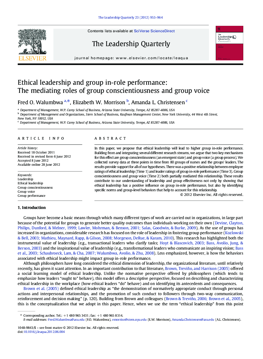 Ethical leadership and group in-role performance: The mediating roles of group conscientiousness and group voice