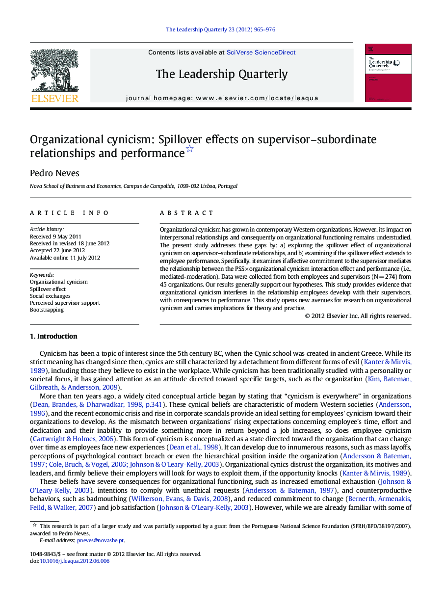 Organizational cynicism: Spillover effects on supervisor–subordinate relationships and performance 