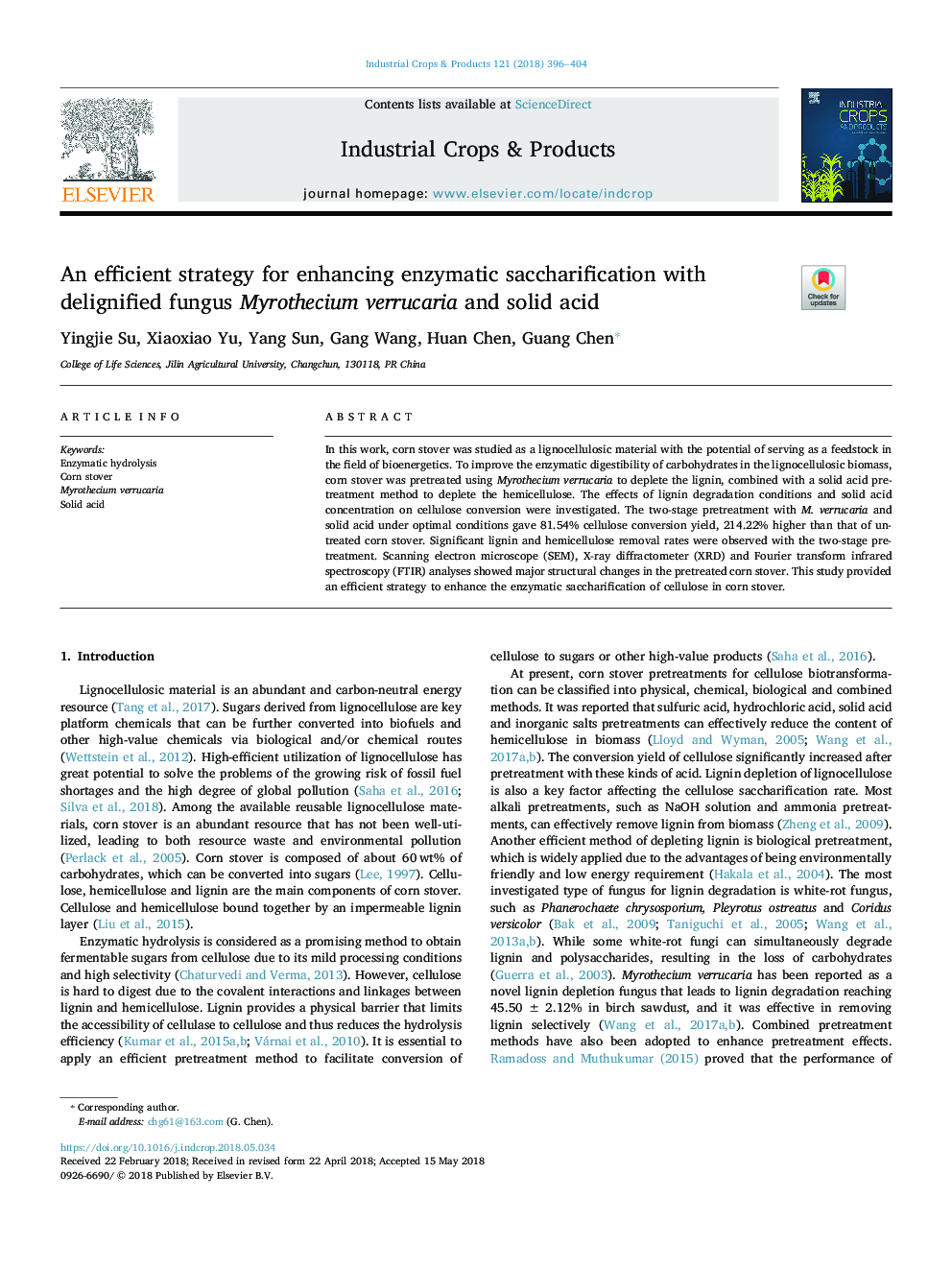 An efficient strategy for enhancing enzymatic saccharification with delignified fungus Myrothecium verrucaria and solid acid