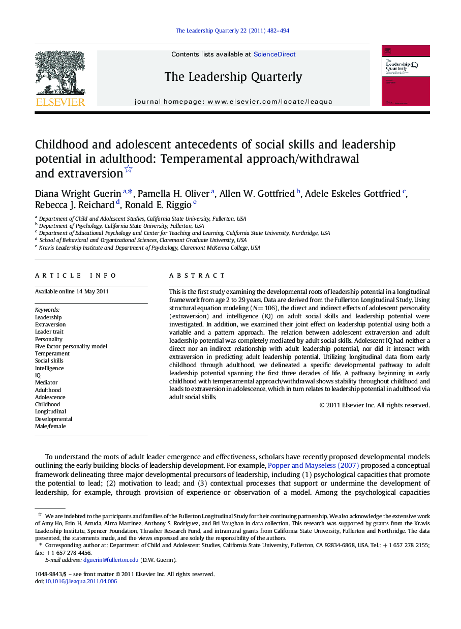 Childhood and adolescent antecedents of social skills and leadership potential in adulthood: Temperamental approach/withdrawal and extraversion 