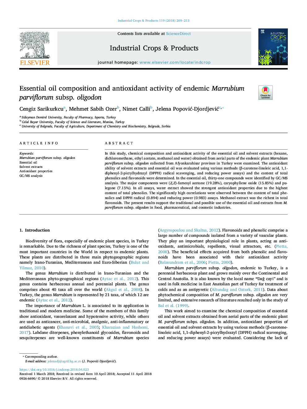 Essential oil composition and antioxidant activity of endemic Marrubium parviflorum subsp. oligodon