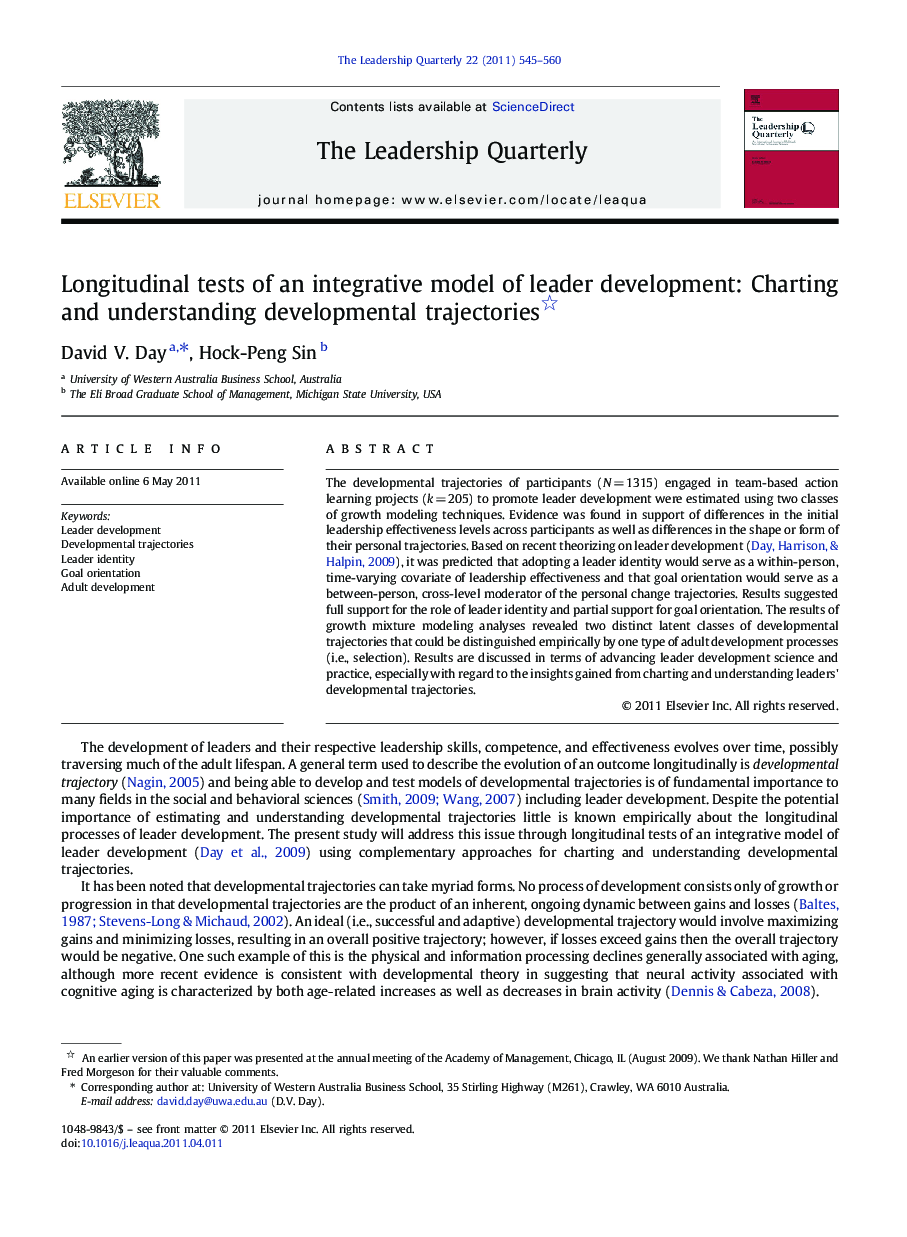 Longitudinal tests of an integrative model of leader development: Charting and understanding developmental trajectories 