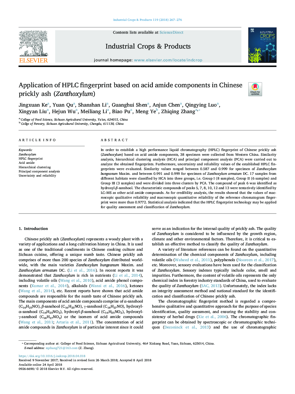 Application of HPLC fingerprint based on acid amide components in Chinese prickly ash (Zanthoxylum)