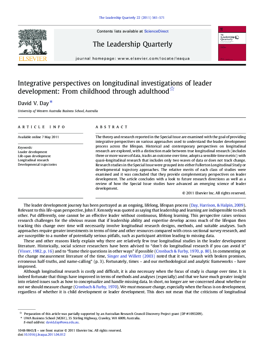 Integrative perspectives on longitudinal investigations of leader development: From childhood through adulthood 
