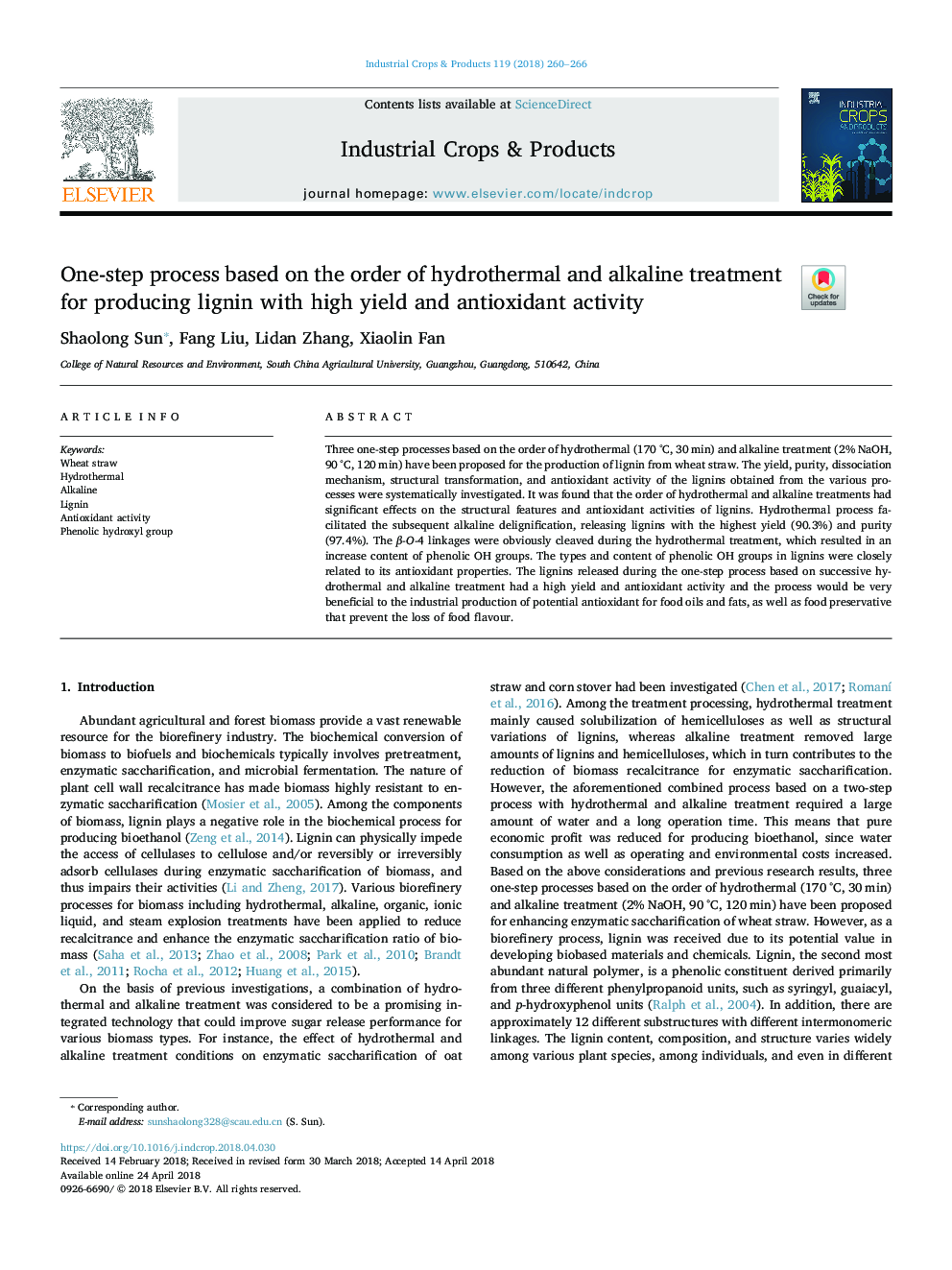 One-step process based on the order of hydrothermal and alkaline treatment for producing lignin with high yield and antioxidant activity