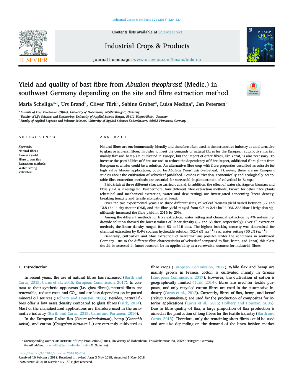 Yield and quality of bast fibre from Abutilon theophrasti (Medic.) in southwest Germany depending on the site and fibre extraction method