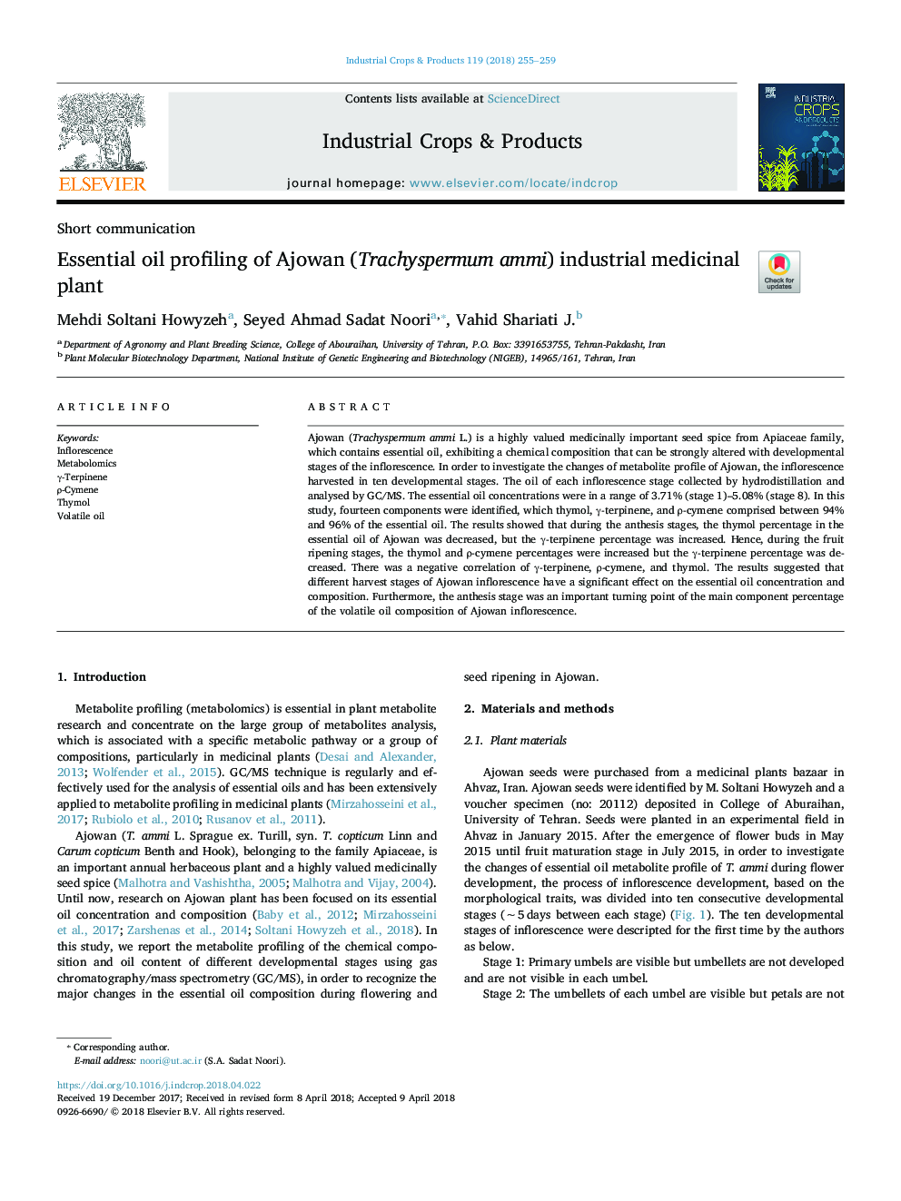 Essential oil profiling of Ajowan (Trachyspermum ammi) industrial medicinal plant