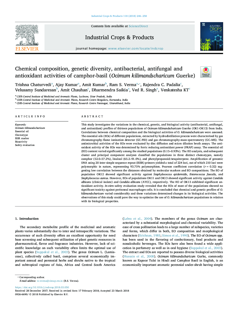 Chemical composition, genetic diversity, antibacterial, antifungal and antioxidant activities of camphor-basil (Ocimum kilimandscharicum Guerke)
