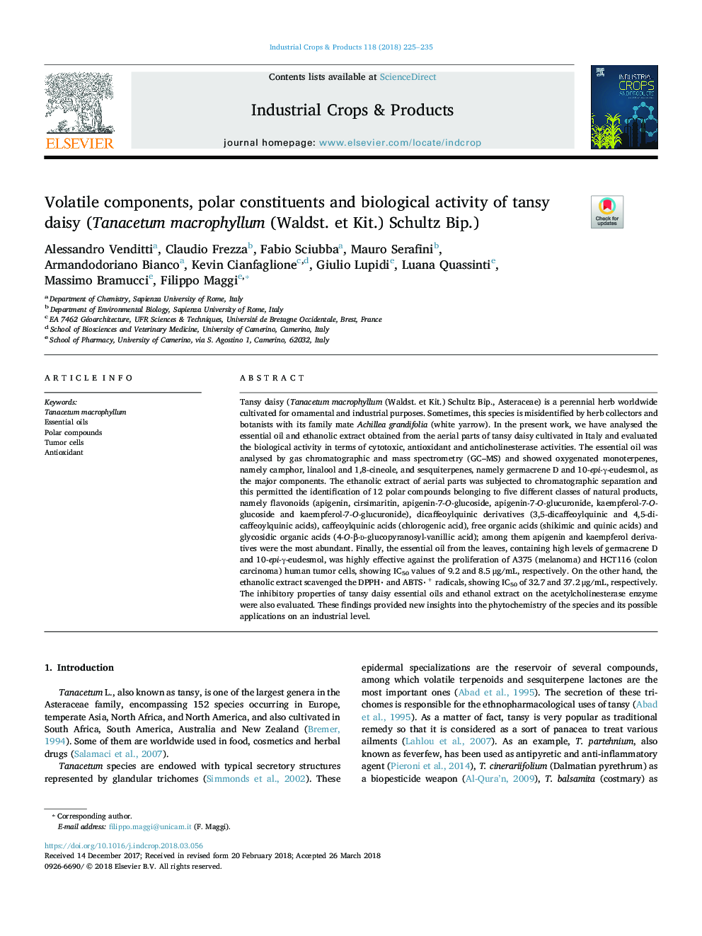 Volatile components, polar constituents and biological activity of tansy daisy (Tanacetum macrophyllum (Waldst. et Kit.) Schultz Bip.)