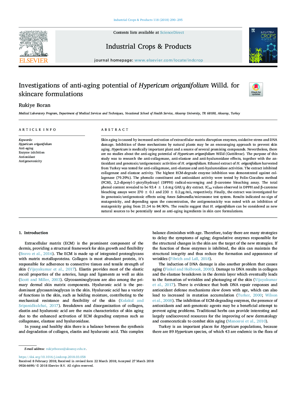 Investigations of anti-aging potential of Hypericum origanifolium Willd. for skincare formulations