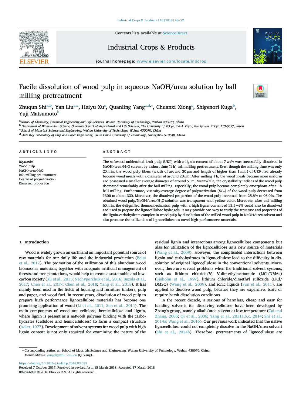 Facile dissolution of wood pulp in aqueous NaOH/urea solution by ball milling pretreatment