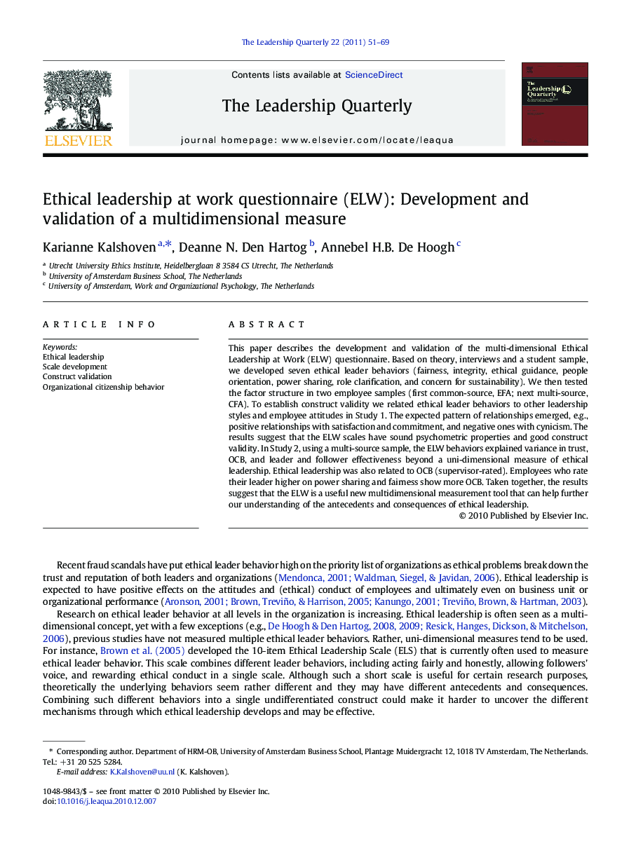 Ethical leadership at work questionnaire (ELW): Development and validation of a multidimensional measure