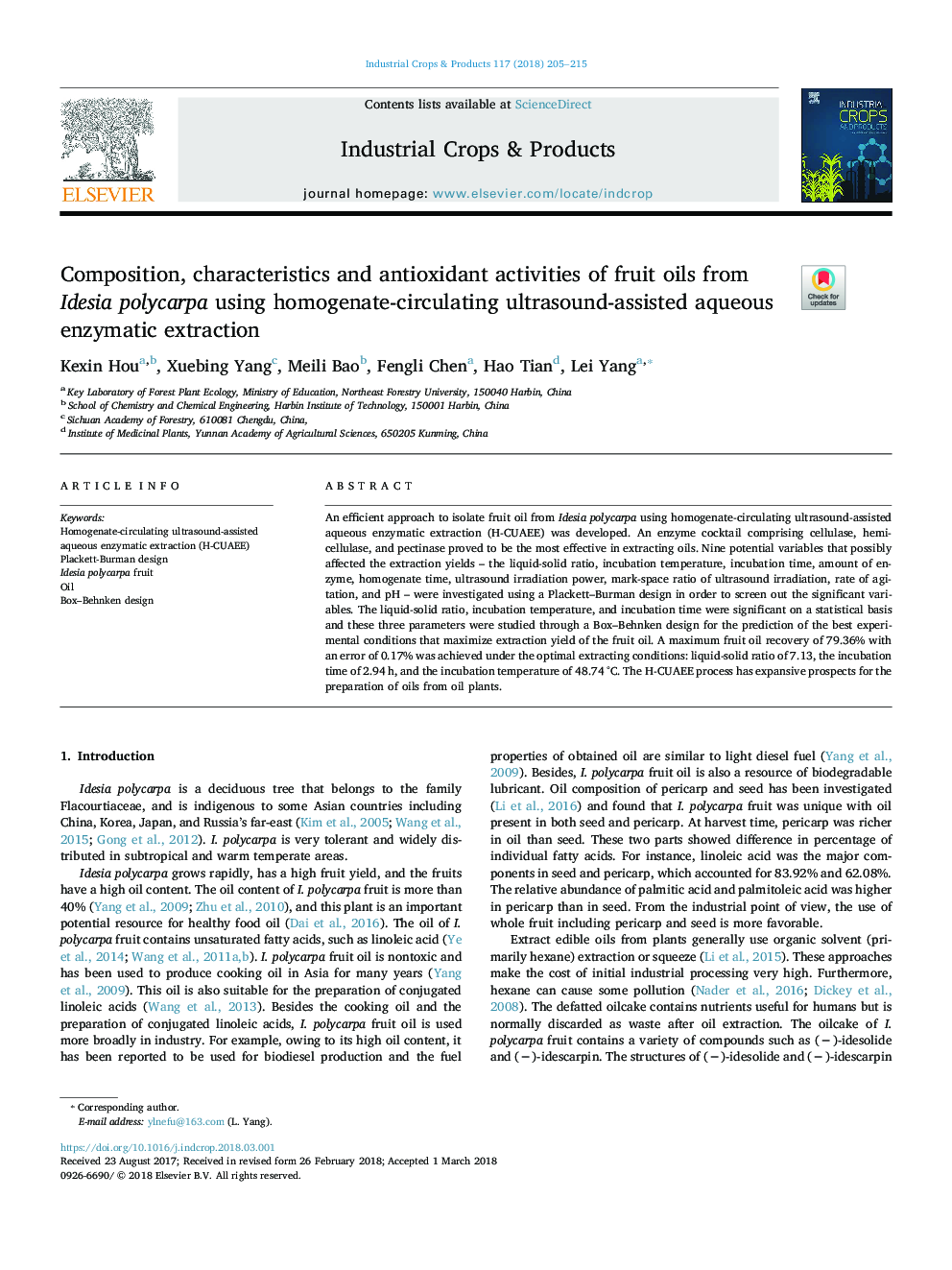 Composition, characteristics and antioxidant activities of fruit oils from Idesia polycarpa using homogenate-circulating ultrasound-assisted aqueous enzymatic extraction