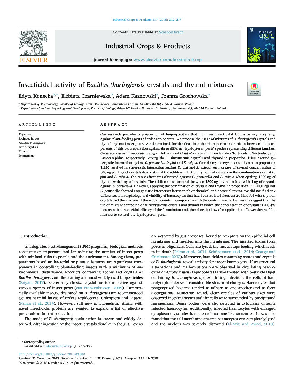 Insecticidal activity of Bacillus thuringiensis crystals and thymol mixtures