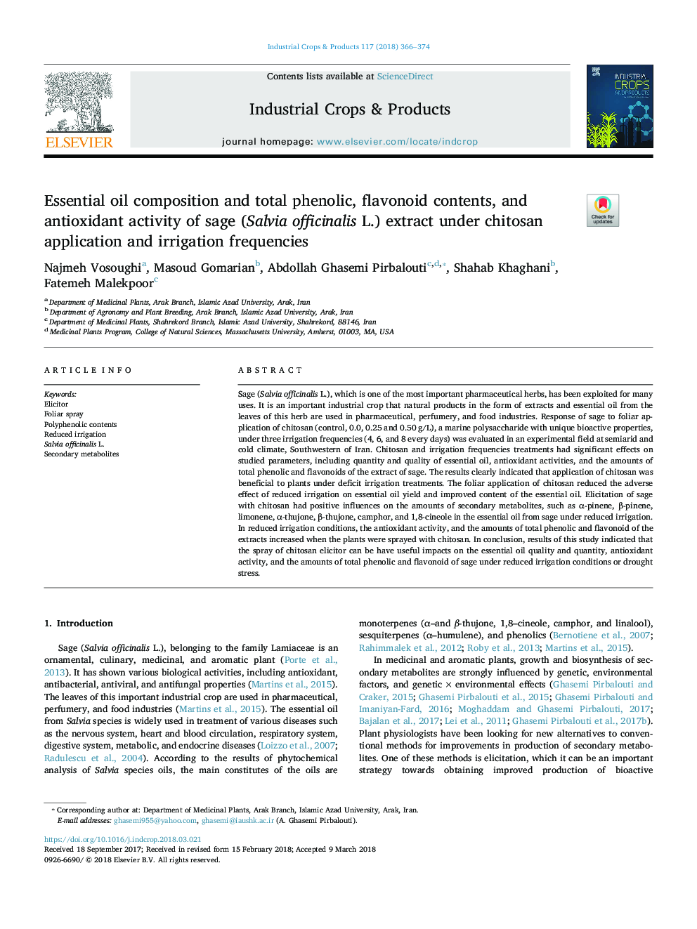 Essential oil composition and total phenolic, flavonoid contents, and antioxidant activity of sage (Salvia officinalis L.) extract under chitosan application and irrigation frequencies