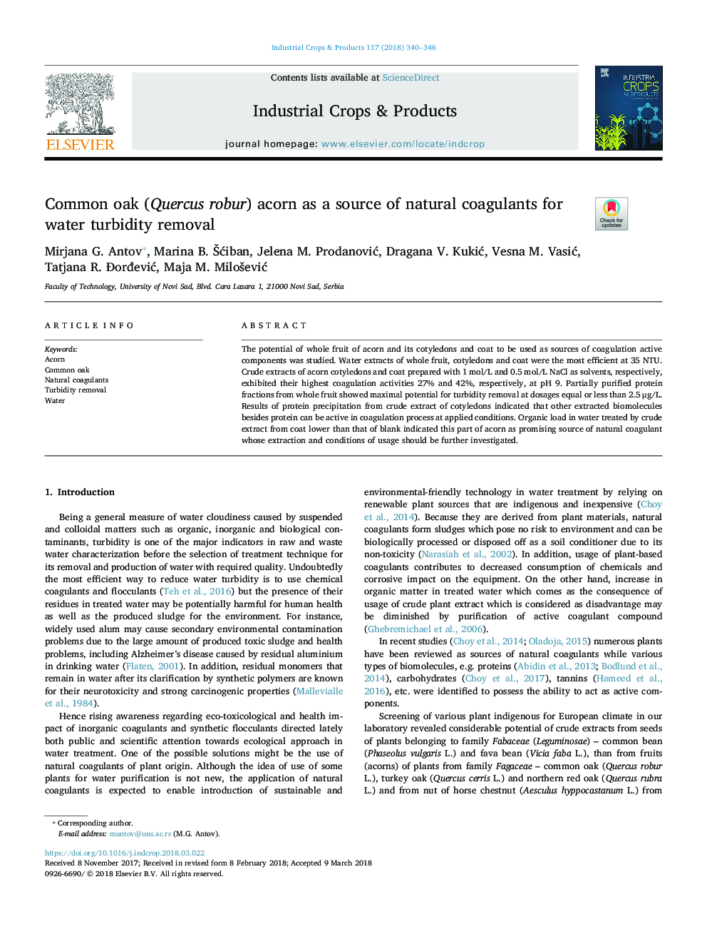 Common oak (Quercus robur) acorn as a source of natural coagulants for water turbidity removal