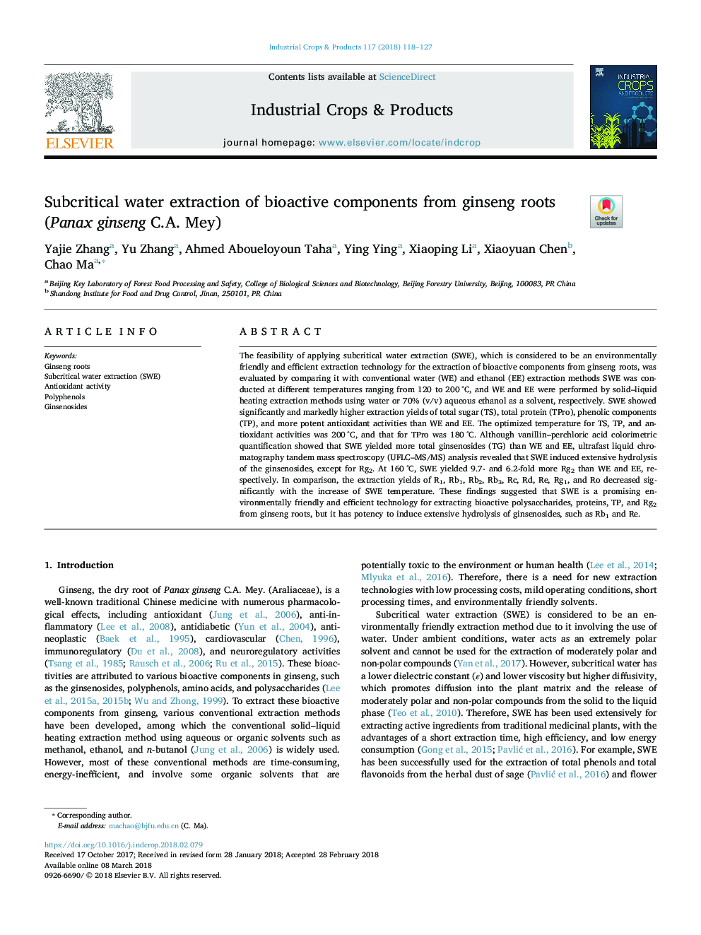 Subcritical water extraction of bioactive components from ginseng roots (Panax ginseng C.A. Mey)