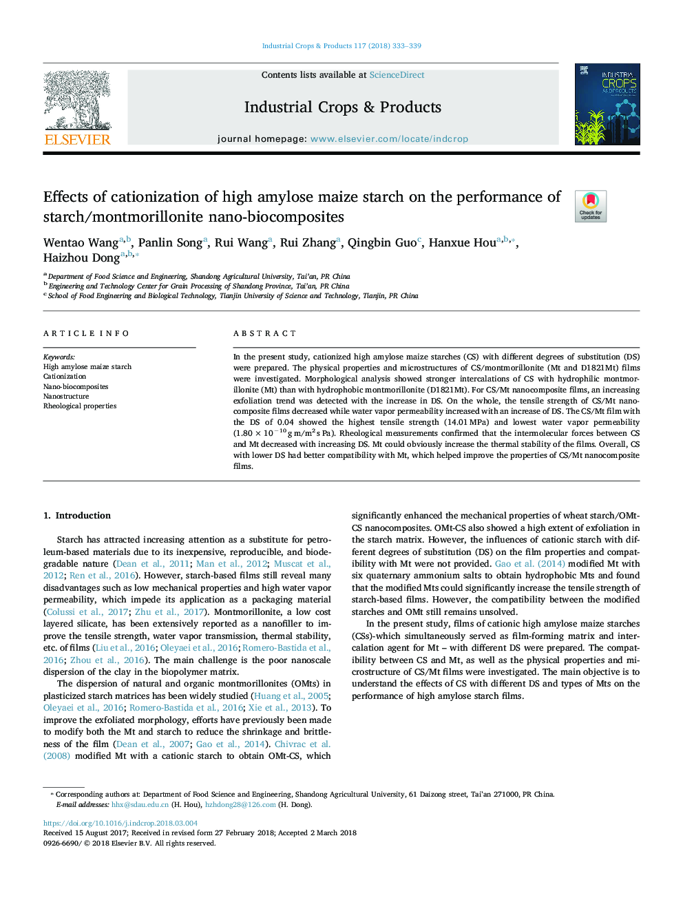 Effects of cationization of high amylose maize starch on the performance of starch/montmorillonite nano-biocomposites