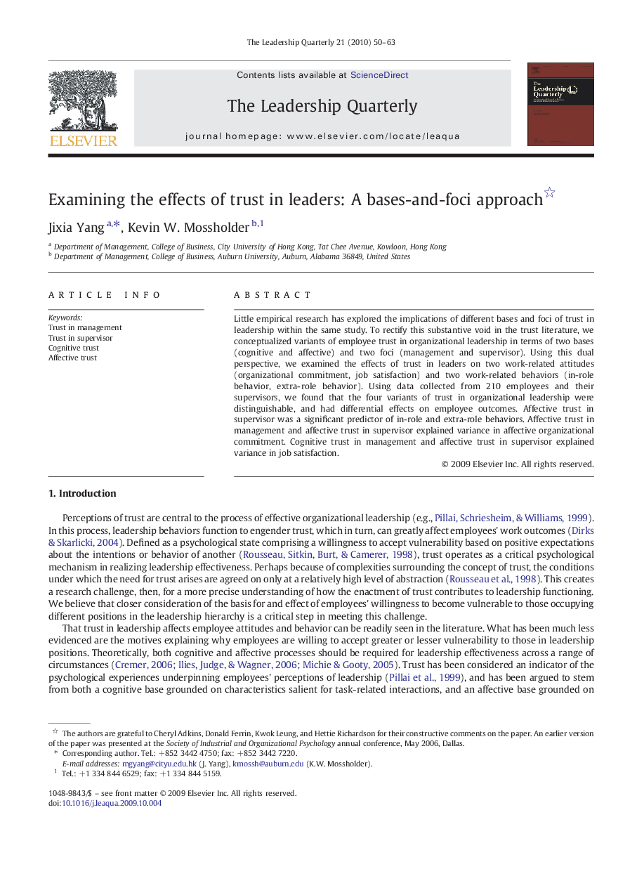 Examining the effects of trust in leaders: A bases-and-foci approach 